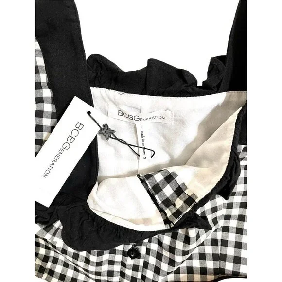 BCBGeneration Crop Top Ruffled Gingham Black White Blouse Top Shirt Sz M NWT - Picture 12 of 12